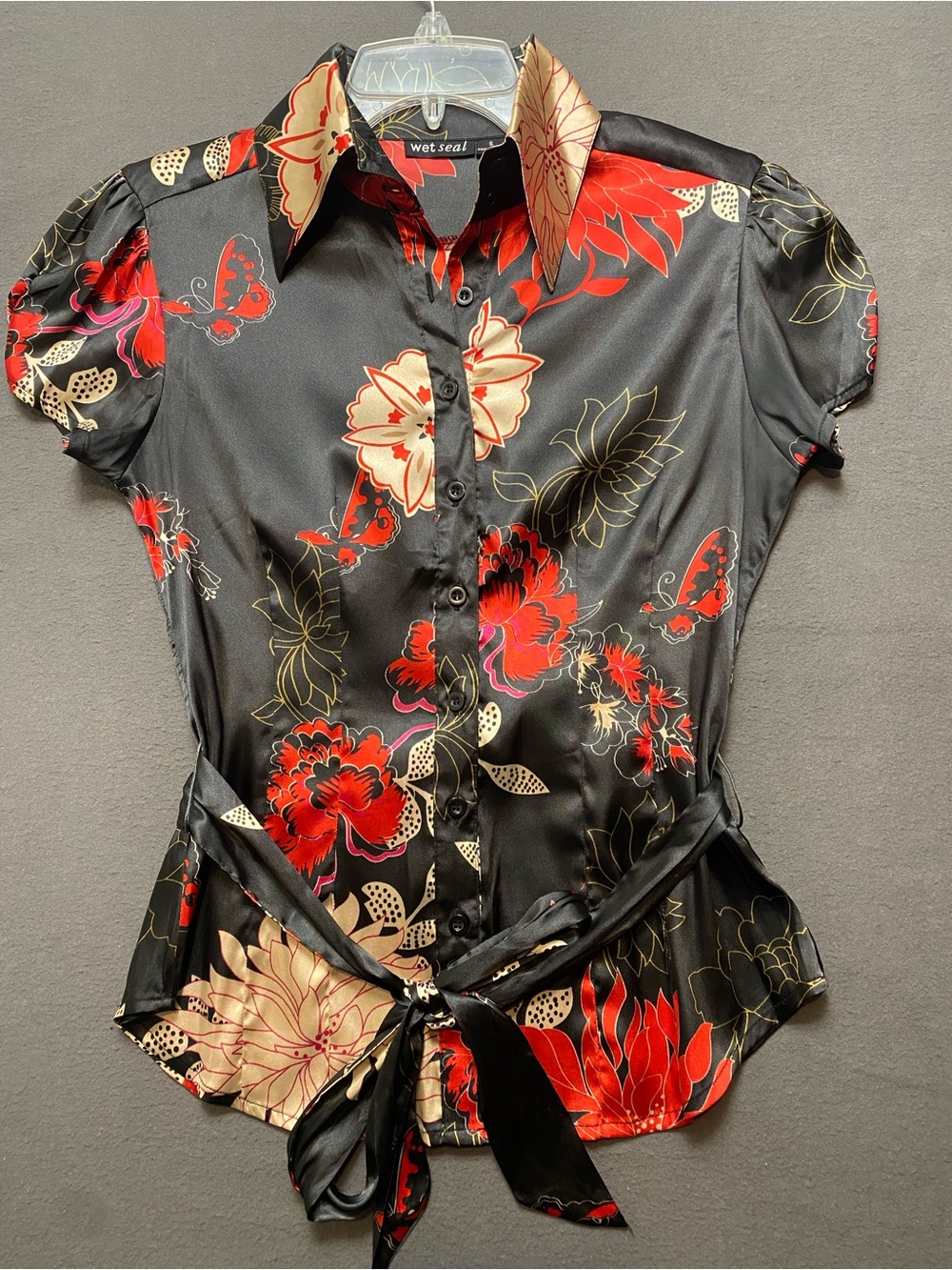 Wet Seal Black Floral Tie-Waist Button Down Blouse- Small